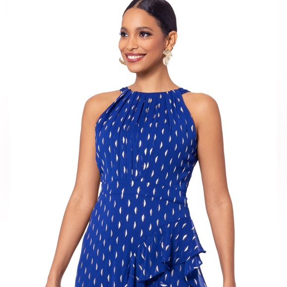 Betsy & Adam Metallic Front Ruffle Slit Halter Nevk Sleeveless Gown - Picture 13 of 17